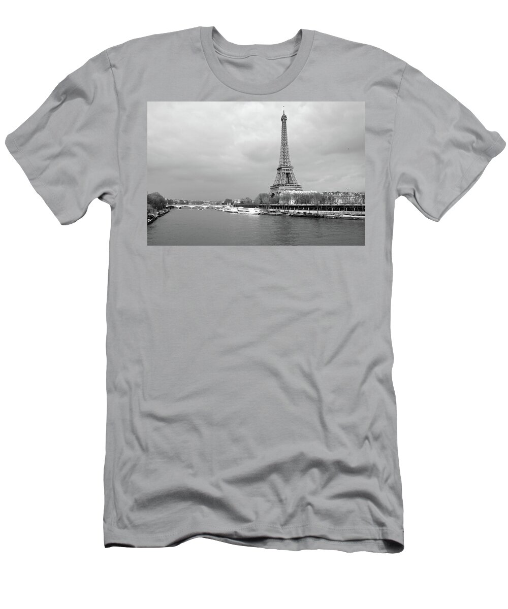 Eiffel Tower T-Shirt featuring the photograph Boats Along the Seine River Left and Right Banks with Eiffel Tower Paris France Black and White by Shawn O'Brien