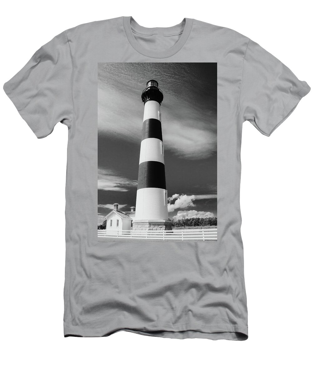Bodie Island T-Shirt featuring the photograph Bodie Lighthouse Black and White by Joni Eskridge