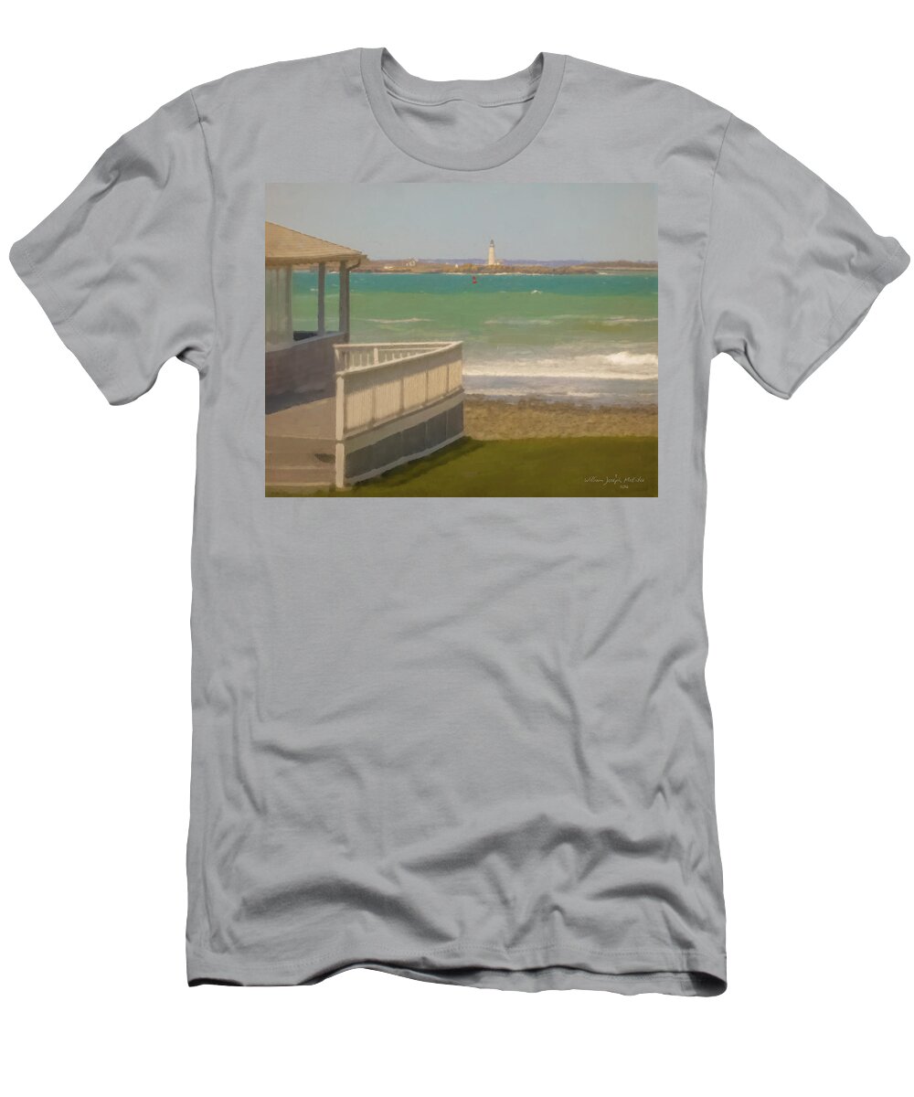 Boston Light T-Shirt featuring the painting Boston Light as seen from lawn in Hull by Bill McEntee