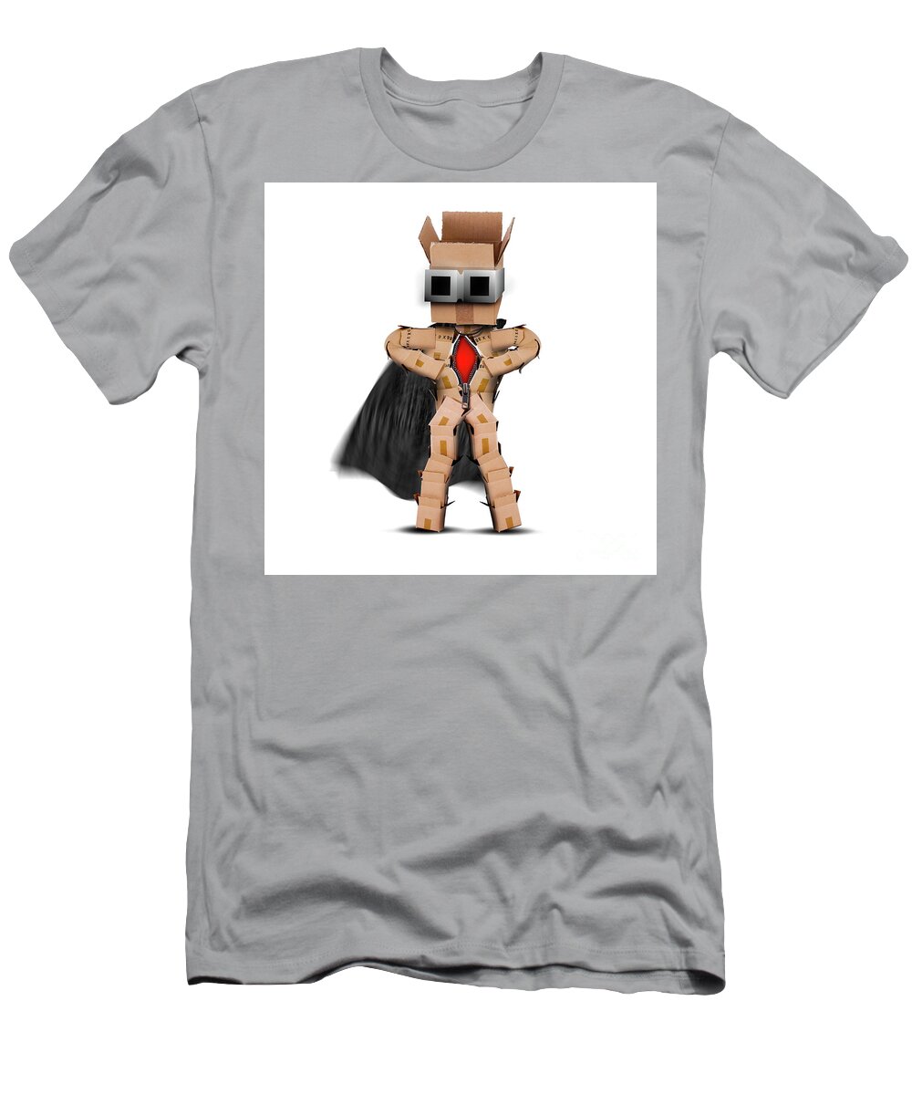 Box; Boxes; Hero; Character; Super; Cape; Mask; Cartoon; Isolated; White; Red; Graphics; 3d; Composite; Man; Figure T-Shirt featuring the digital art Box hero standing with cape and mask by Simon Bratt