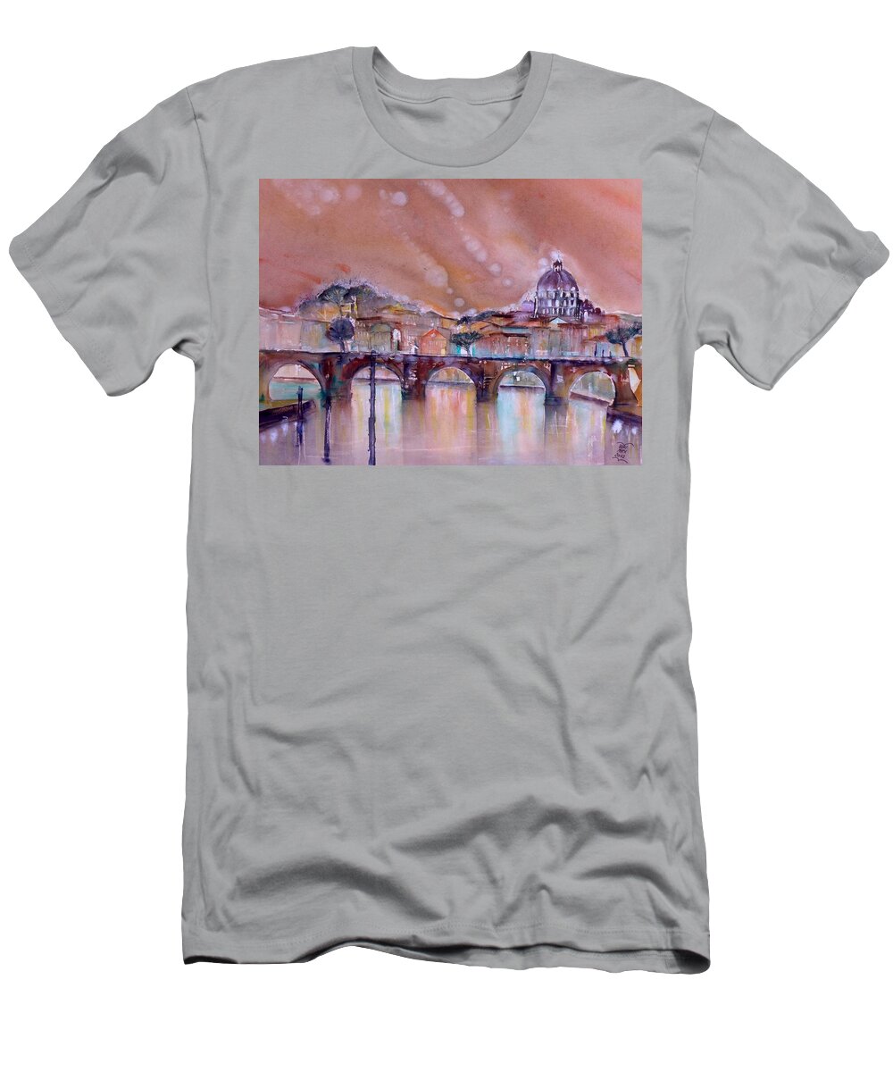 Bridge T-Shirt featuring the painting Bridge of Angels - Rome - Italy by Sabina Von Arx