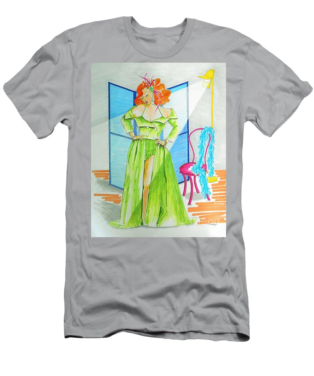 Burlesque T-Shirt featuring the drawing Burly-Que Babe -- Portrait of Burlesque Dancer by Jayne Somogy