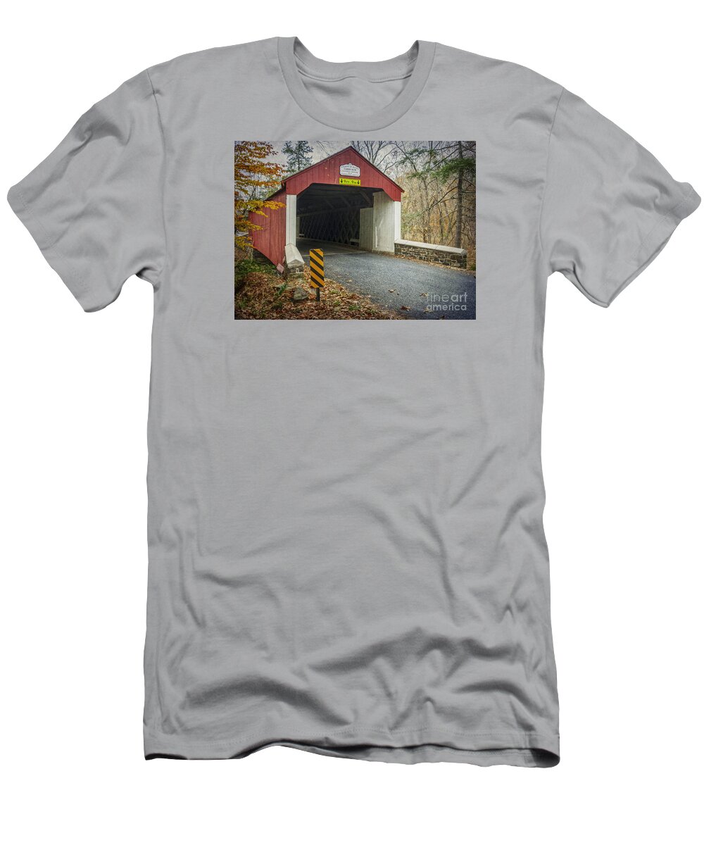 (day Or Daytime) T-Shirt featuring the photograph Cabin Run Covered Bridge by Debra Fedchin