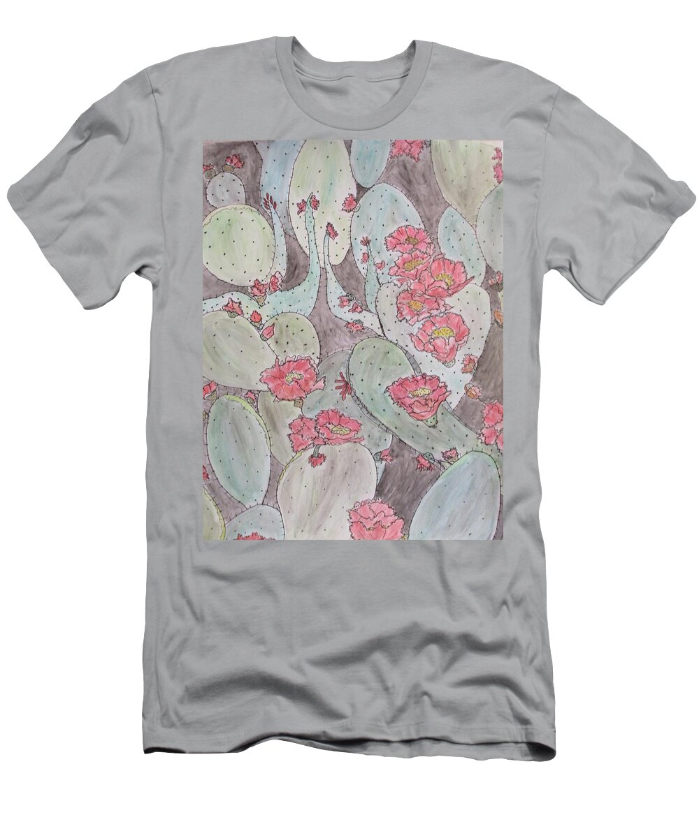 Abstract Cactus Blooming Desert Joy Dark Rose Lt. Rose Vermillion Carmine Pink Yellow All Greens Black Pen And Ink T-Shirt featuring the mixed media Cactus Voices #2 by Sharyn Winters