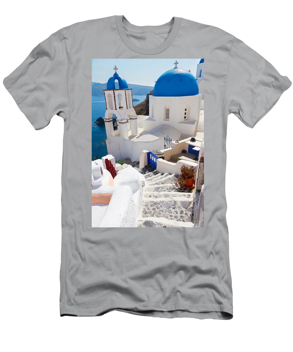 Santorini T-Shirt featuring the photograph Caldera with Stairs and Church at Santorini by Anastasy Yarmolovich