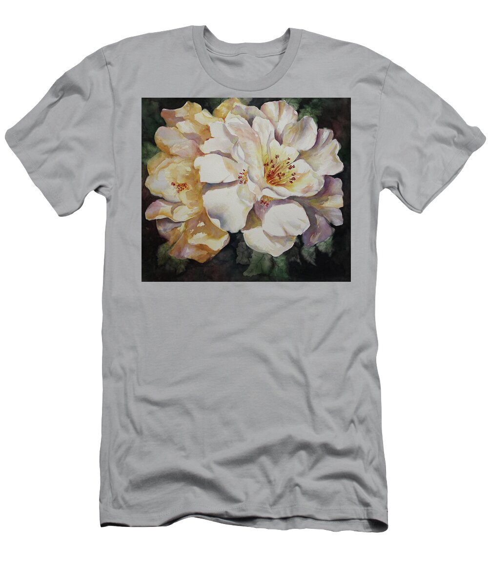 Camellias T-Shirt featuring the painting Camellias Golden Glow by Roxanne Tobaison