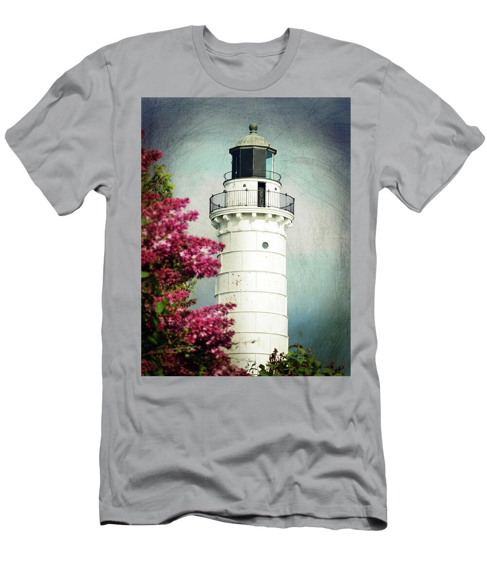 Cana Island Lighthouse T-Shirt featuring the photograph Cana Island Lighthouse and Lilacs Re-imagined by David T Wilkinson