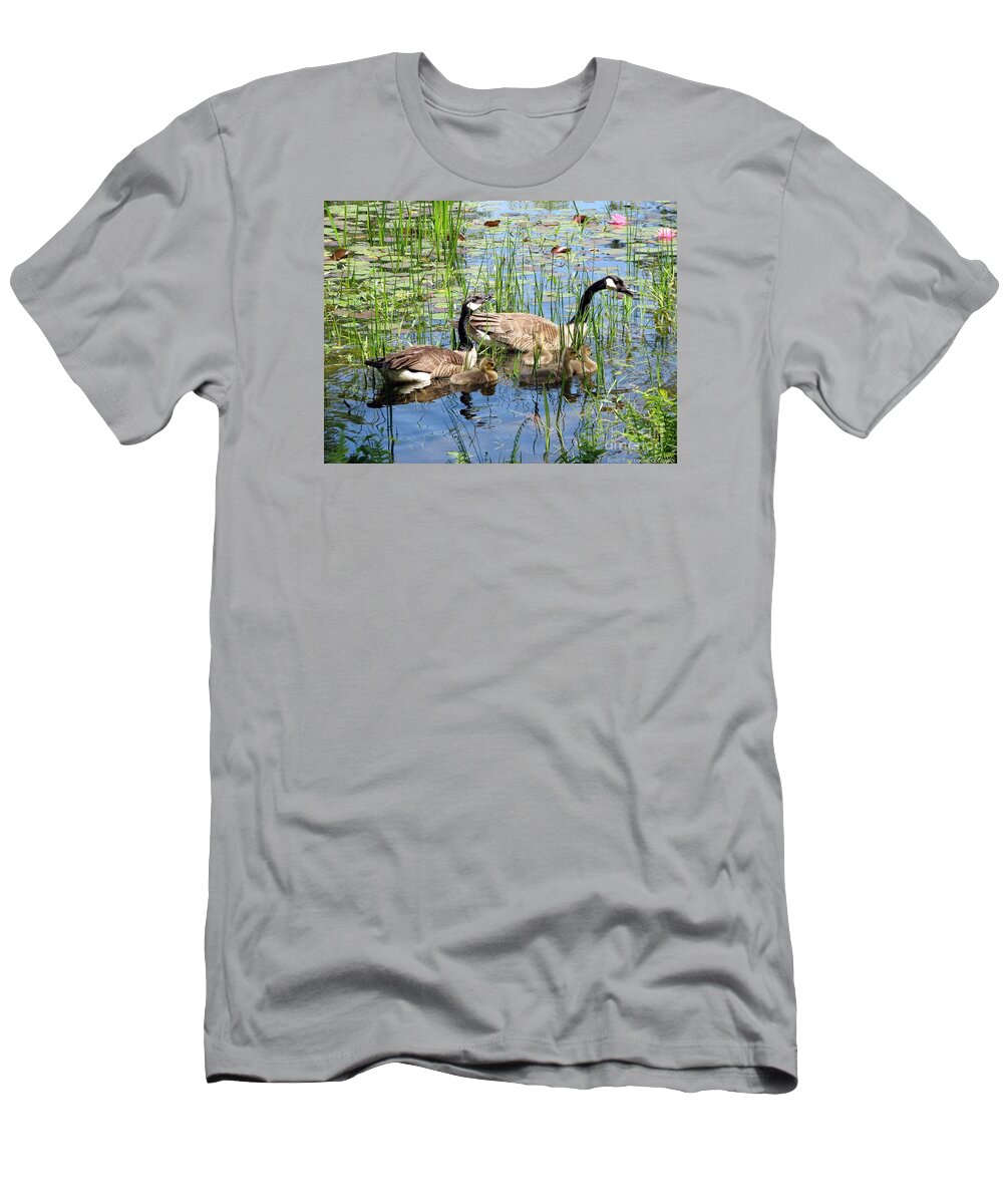 Geese T-Shirt featuring the photograph Canada Geese Family on Lily Pond by Rose Santuci-Sofranko