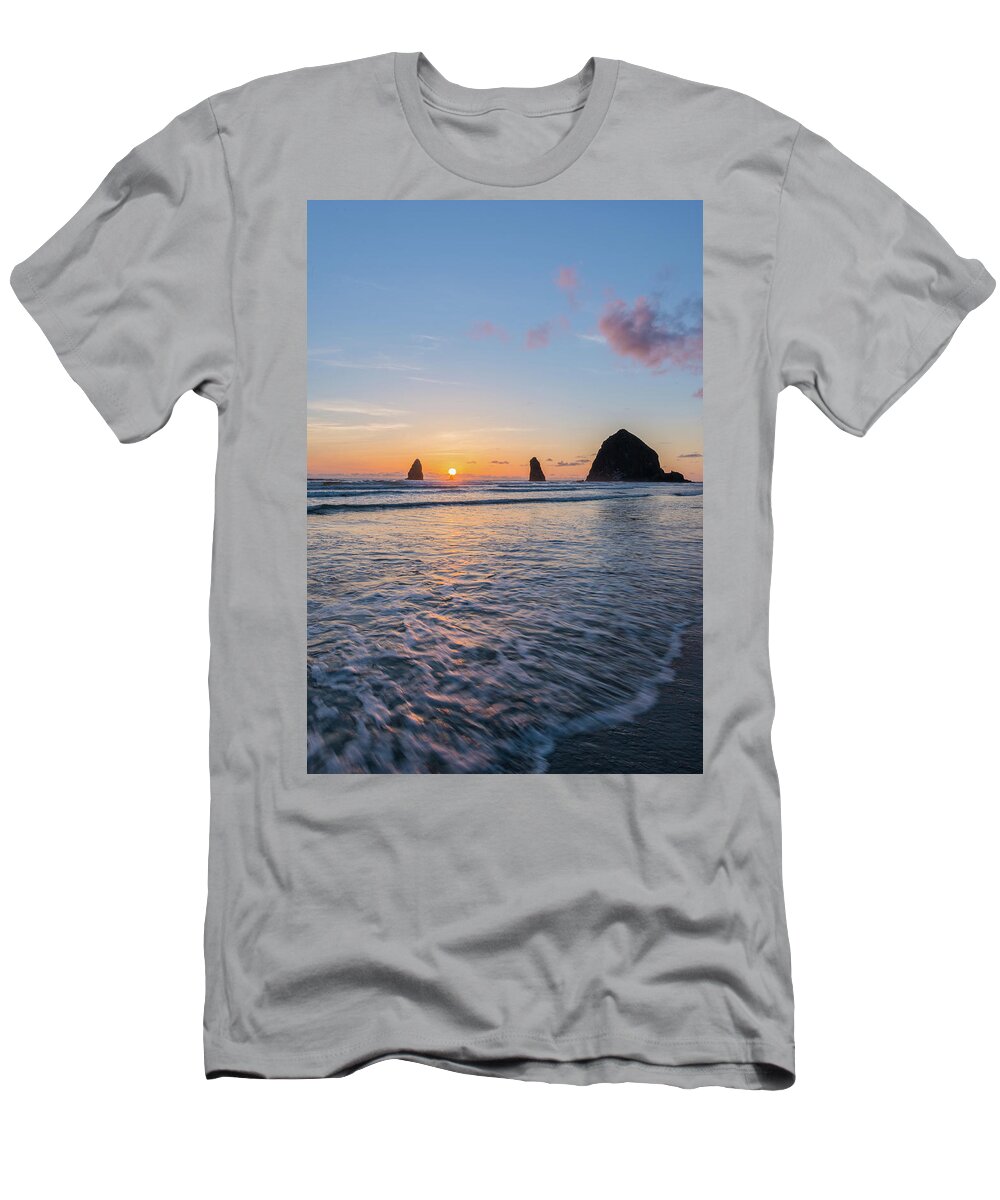 Pw Coast;cannon Beach; Sunset; Waves; Stack T-Shirt featuring the digital art Cannon beach, Oregon by Michael Lee
