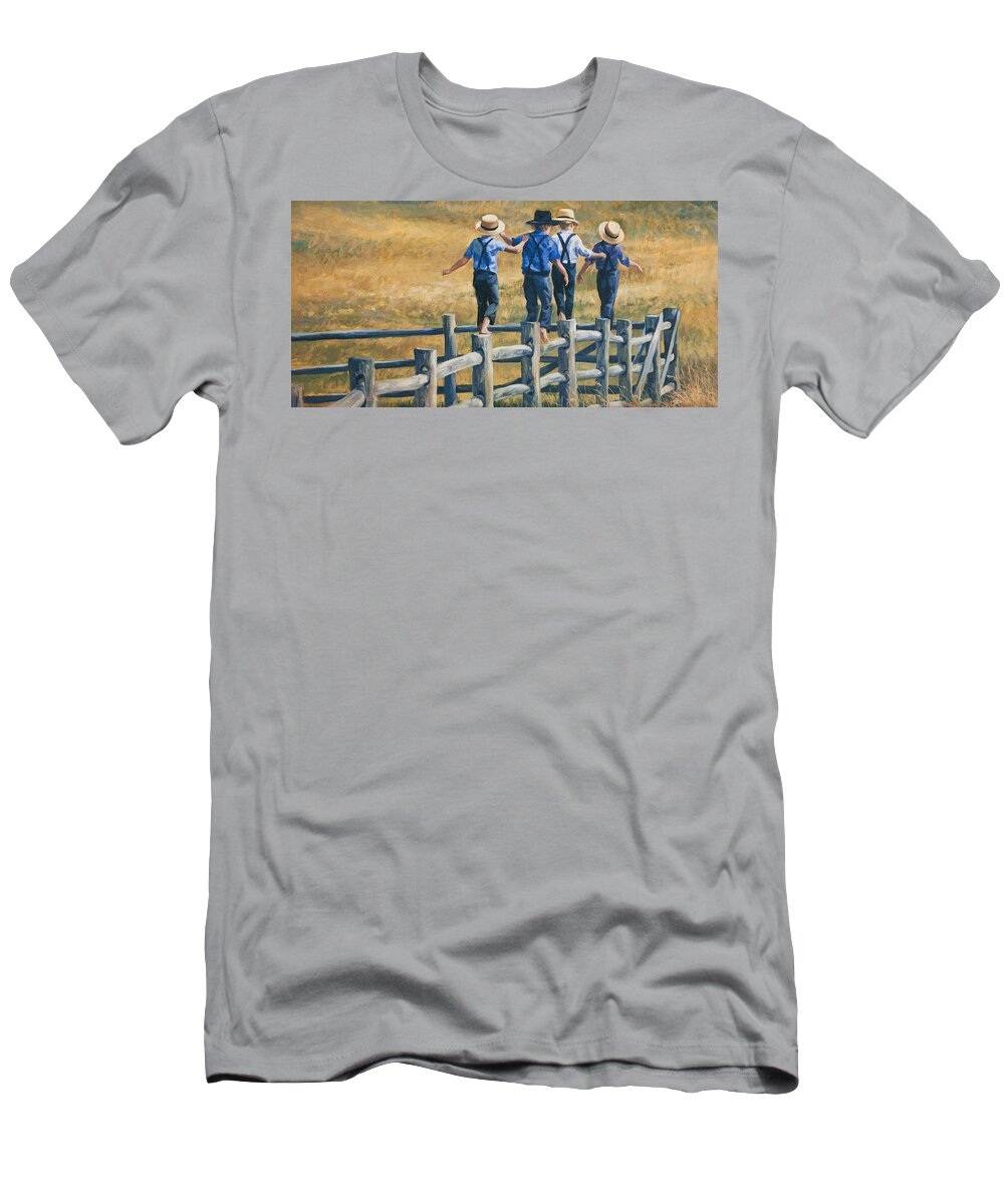 Amish Children T-Shirt featuring the painting Carefree life by Laurie Snow Hein