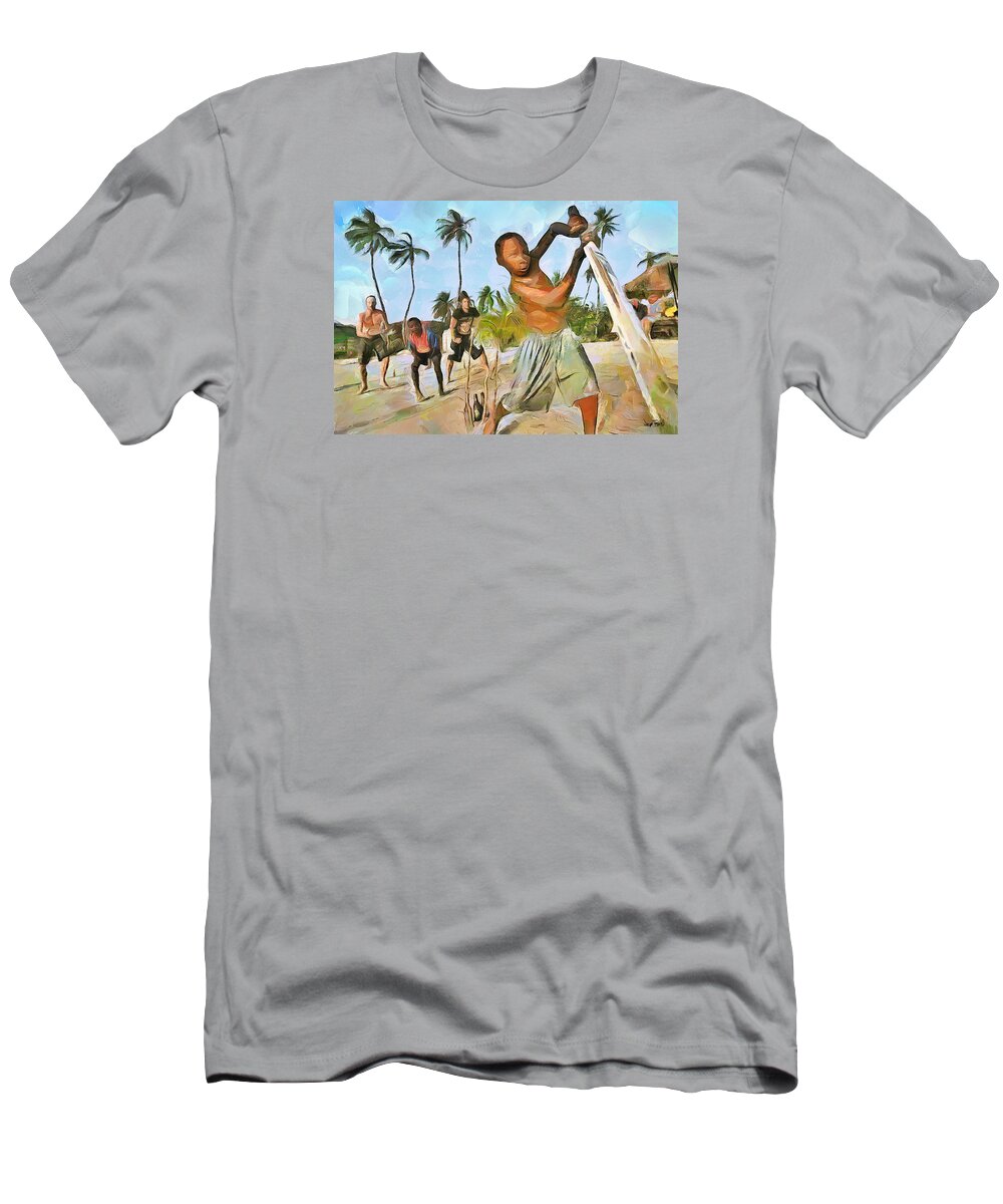 Cricket T-Shirt featuring the painting Caribbean Scenes - Cricket On De Beach by Wayne Pascall