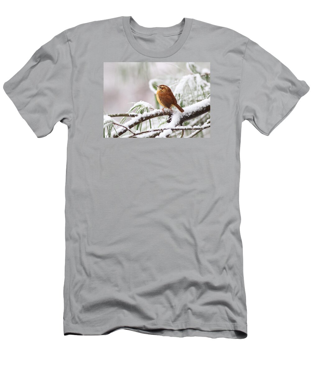 Carolina Wren T-Shirt featuring the photograph Carolina Wren In Snowy Pine by Daniel Reed