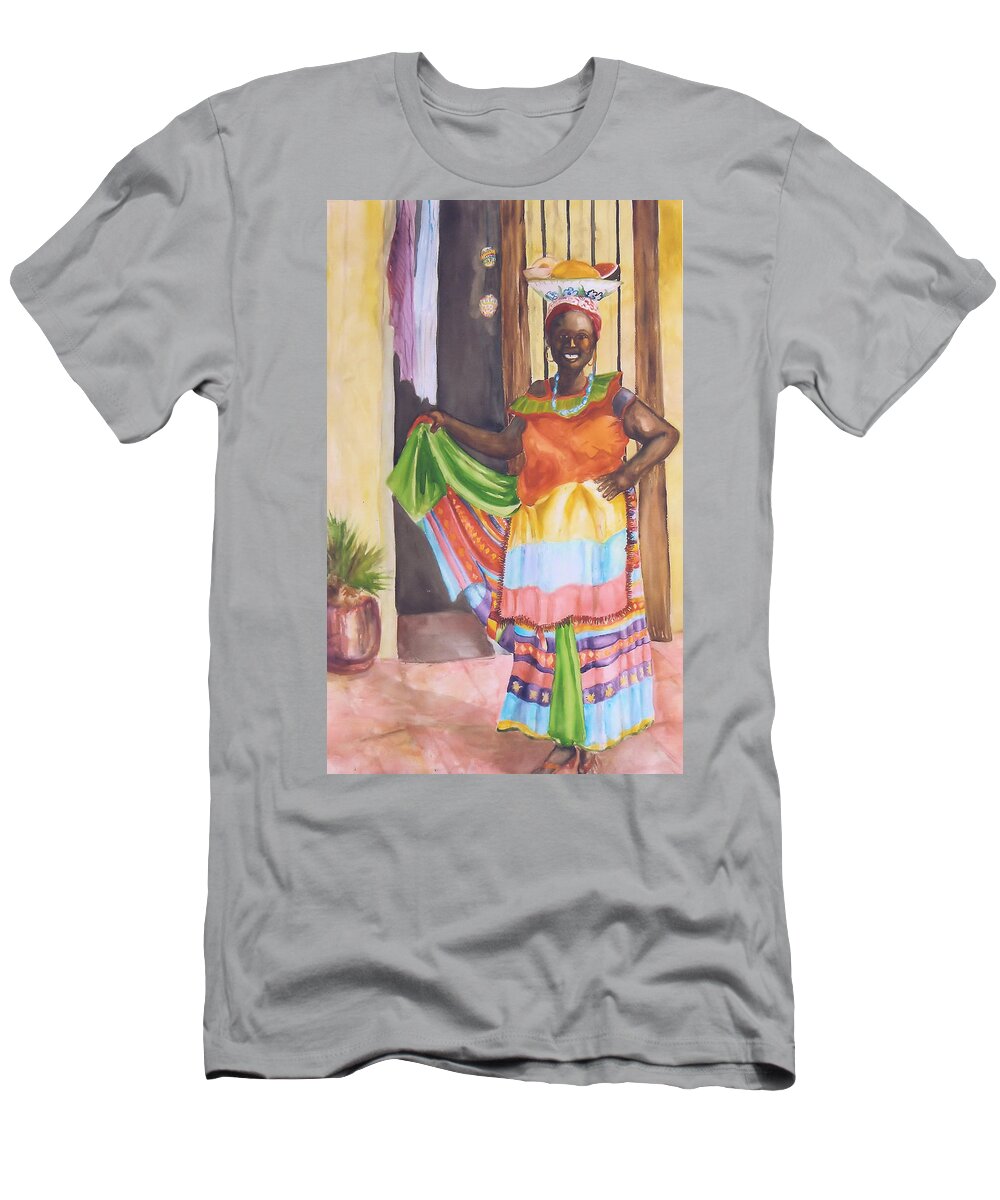 Dressed In Her Traditional Costume This Fruit Seller Is Very Colorful. Columbia T-Shirt featuring the painting Cartegena Woman by Charme Curtin