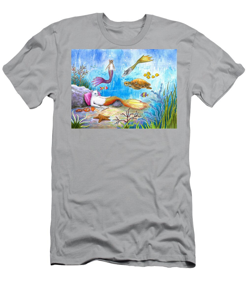 Cat T-Shirt featuring the painting Cat Mermaid 31 by Lucie Dumas