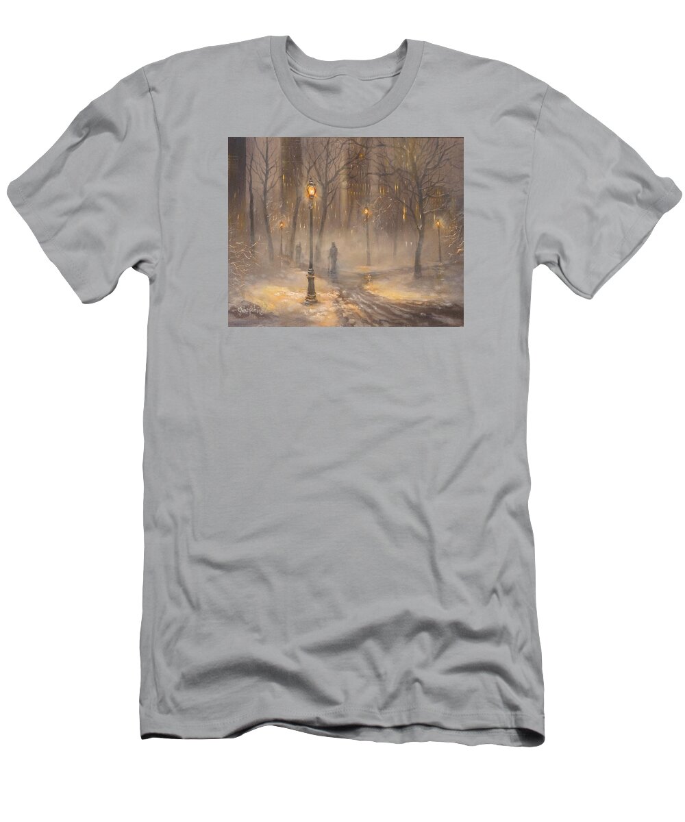 New York T-Shirt featuring the painting Central Park After Dark by Tom Shropshire