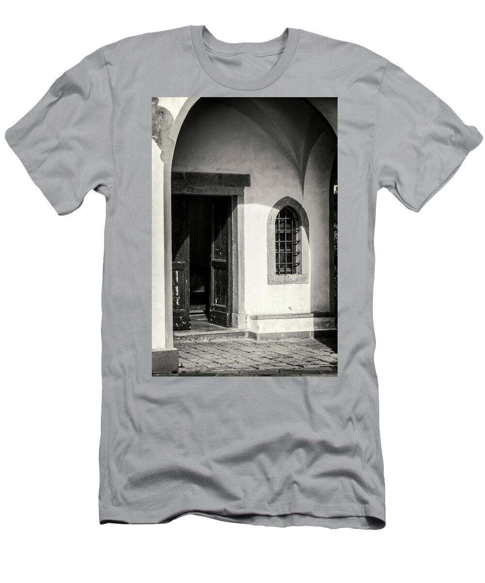 Joan Carroll T-Shirt featuring the photograph Chapel In Riomaggiore Cinque Terre Italy BW by Joan Carroll