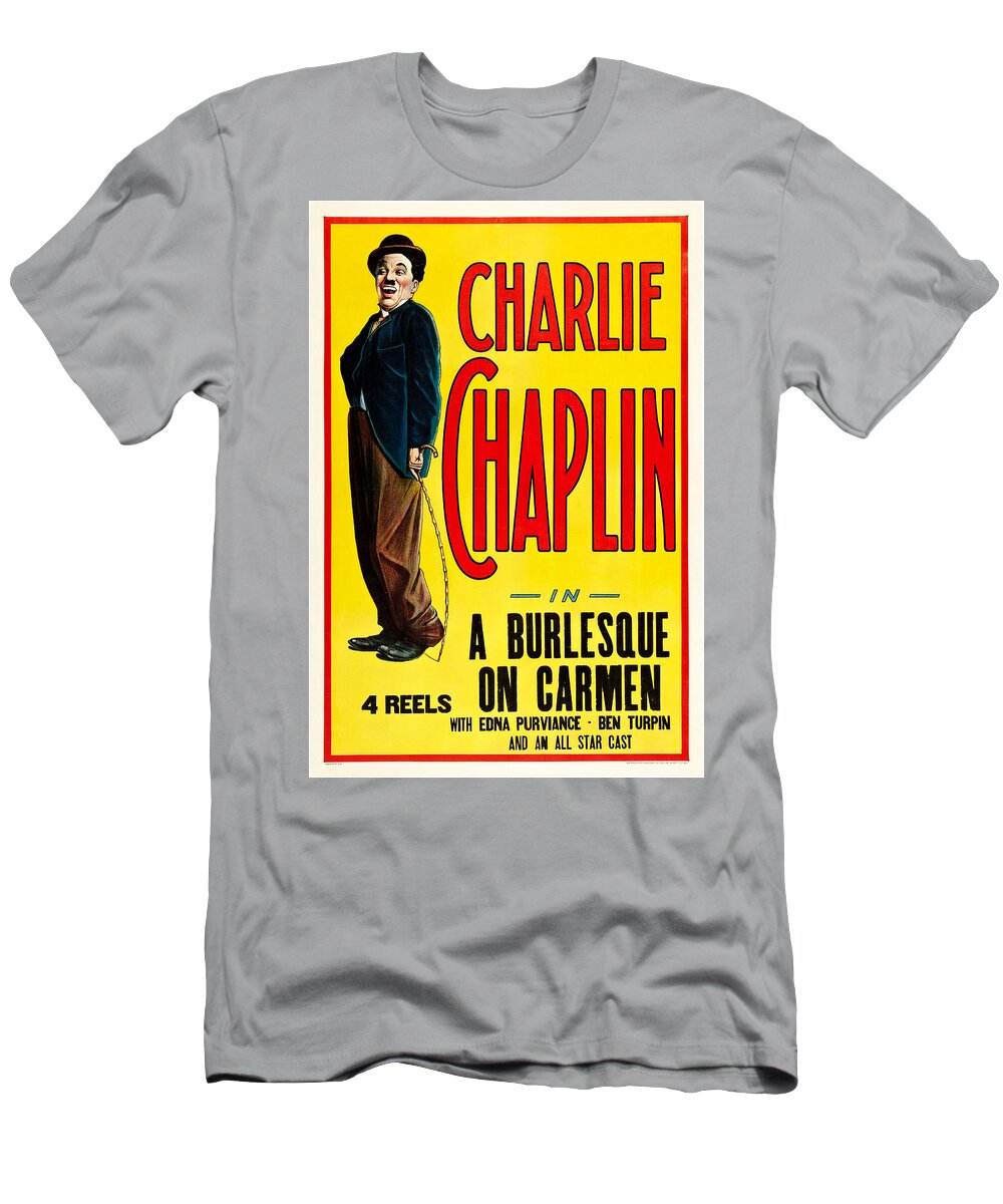 Movie T-Shirt featuring the mixed media Charlie Chaplin in A Burlesque on Carmen 1915 by Mountain Dreams