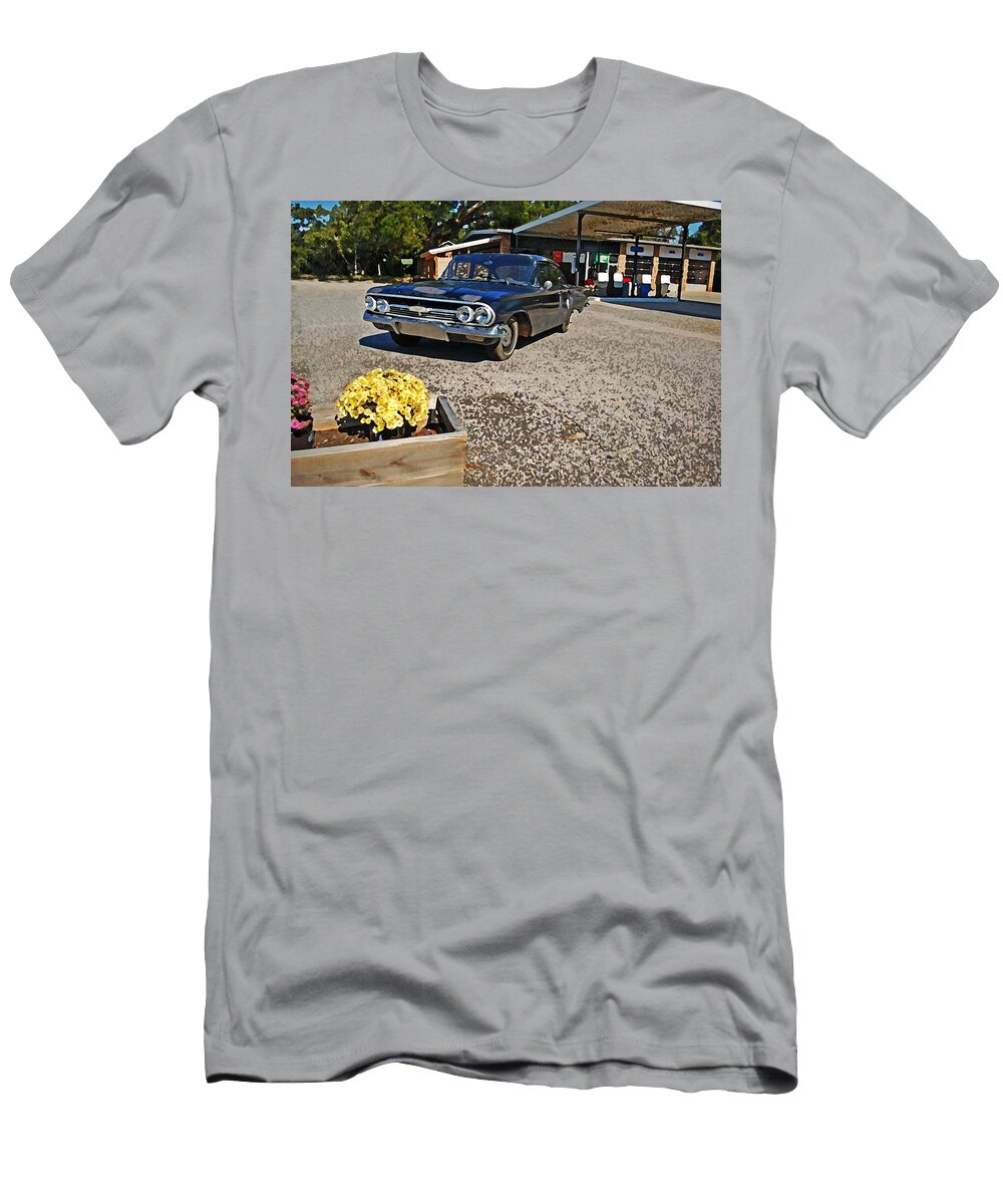 Car T-Shirt featuring the painting Chevy Impala at the Station by Michael Thomas