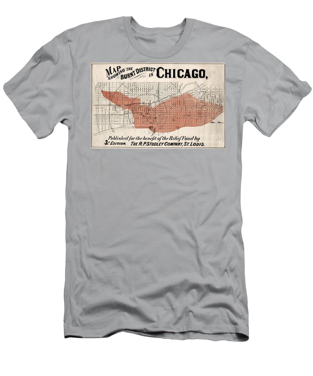 Chicago T-Shirt featuring the drawing Chicago Map from 1871 after fire Restored by Vintage Treasure