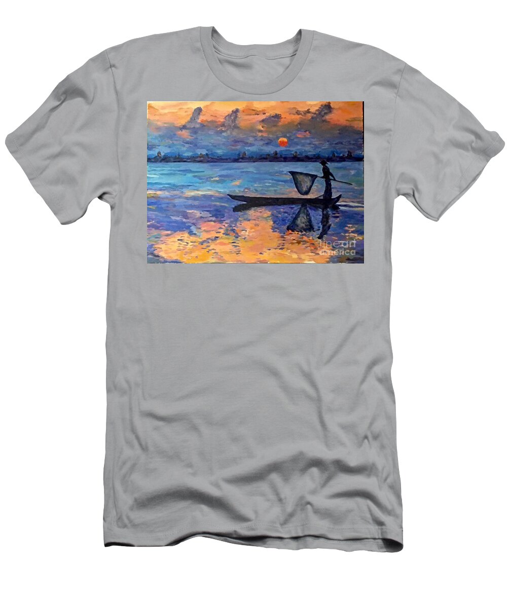Burma T-Shirt featuring the painting Chindwin Fisherman by Michael Cinnamond