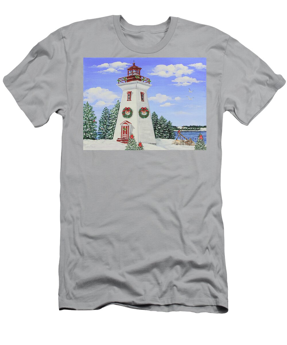 Lighthouse T-Shirt featuring the painting Christmas Lighthouse-JP3901 by Jean Plout