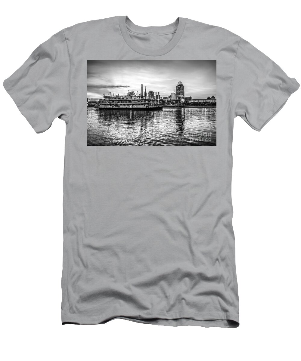 America T-Shirt featuring the photograph Cincinnati Skyline and Riverboat in Black and White by Paul Velgos