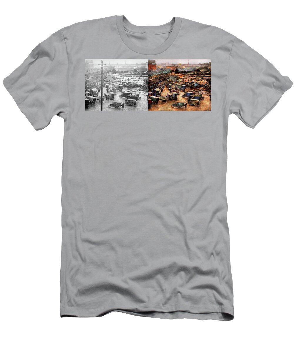 Self T-Shirt featuring the photograph City - Boston Ma - The Great Molasses Flood 1919 - Side by Side by Mike Savad