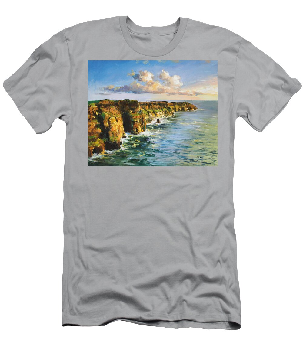 Cliffs Mohar T-Shirt featuring the painting Cliffs of Mohar 2 by Conor McGuire