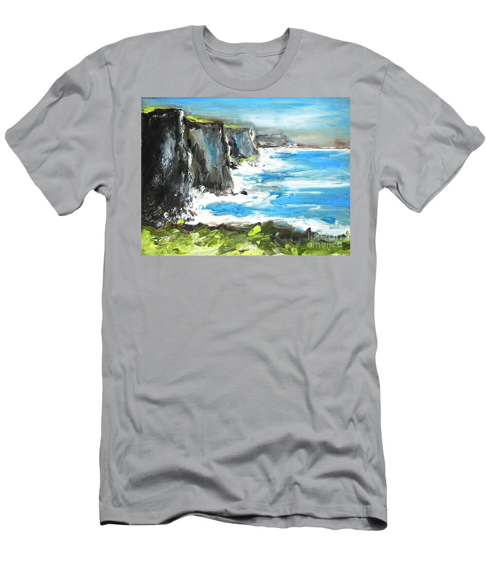 Cliffs T-Shirt featuring the painting Painting of Cliffs of moher county clare ireland by Mary Cahalan Lee - aka PIXI