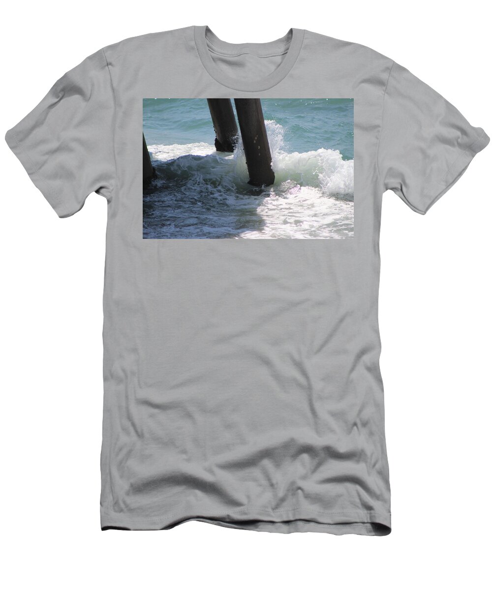 Ocean Wave T-Shirt featuring the photograph Closeup of Wave Around Pier Support by Colleen Cornelius