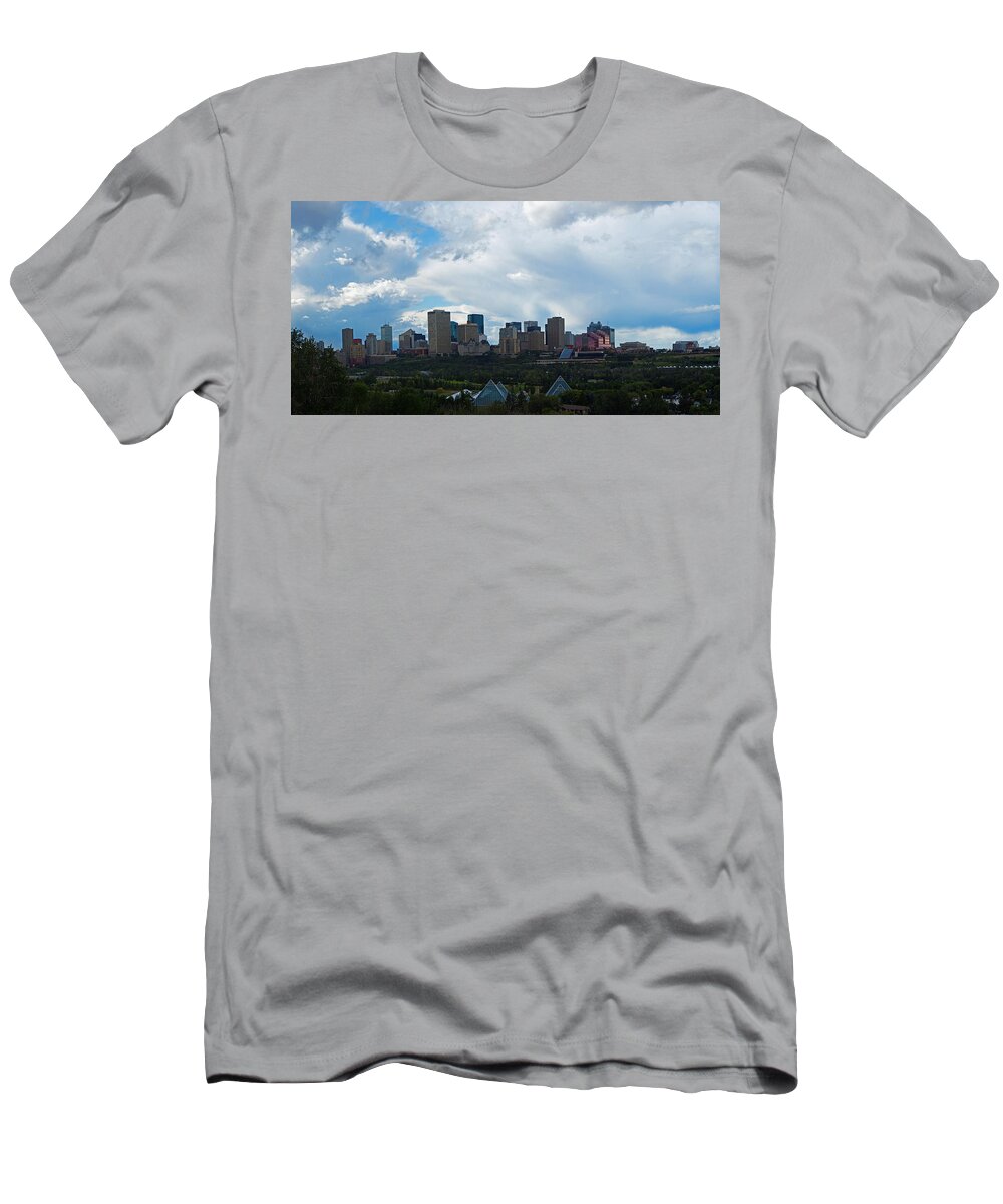 Panorama T-Shirt featuring the photograph Cloudy Skyline Edmonton by David Kleinsasser