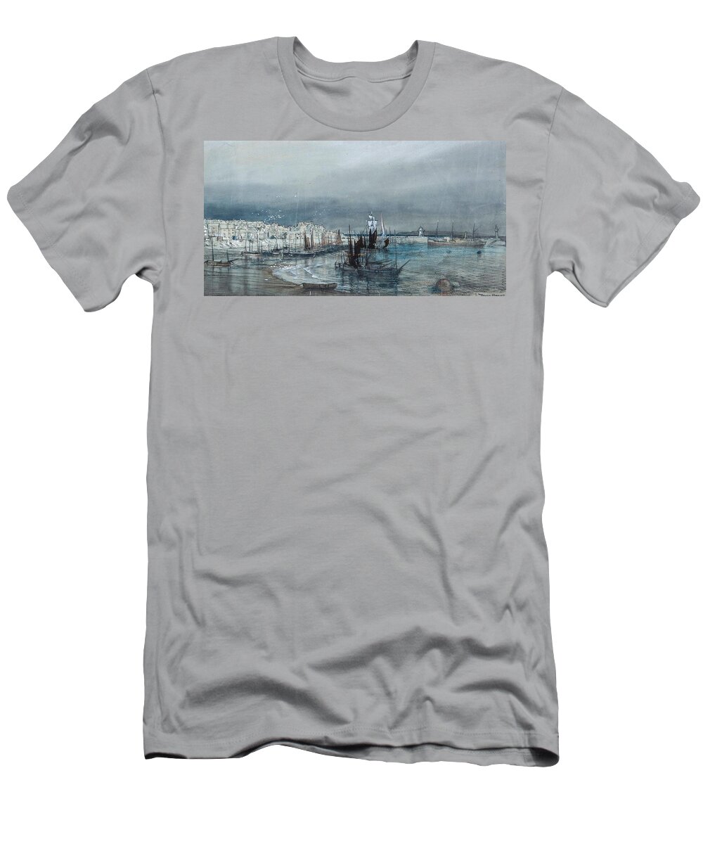 Donald Maxwell (1877-1936) - Coastal View Of A Harbour T-Shirt featuring the painting Coastal view of a harbour, with town and lighthouses beyond by Donald Maxwell