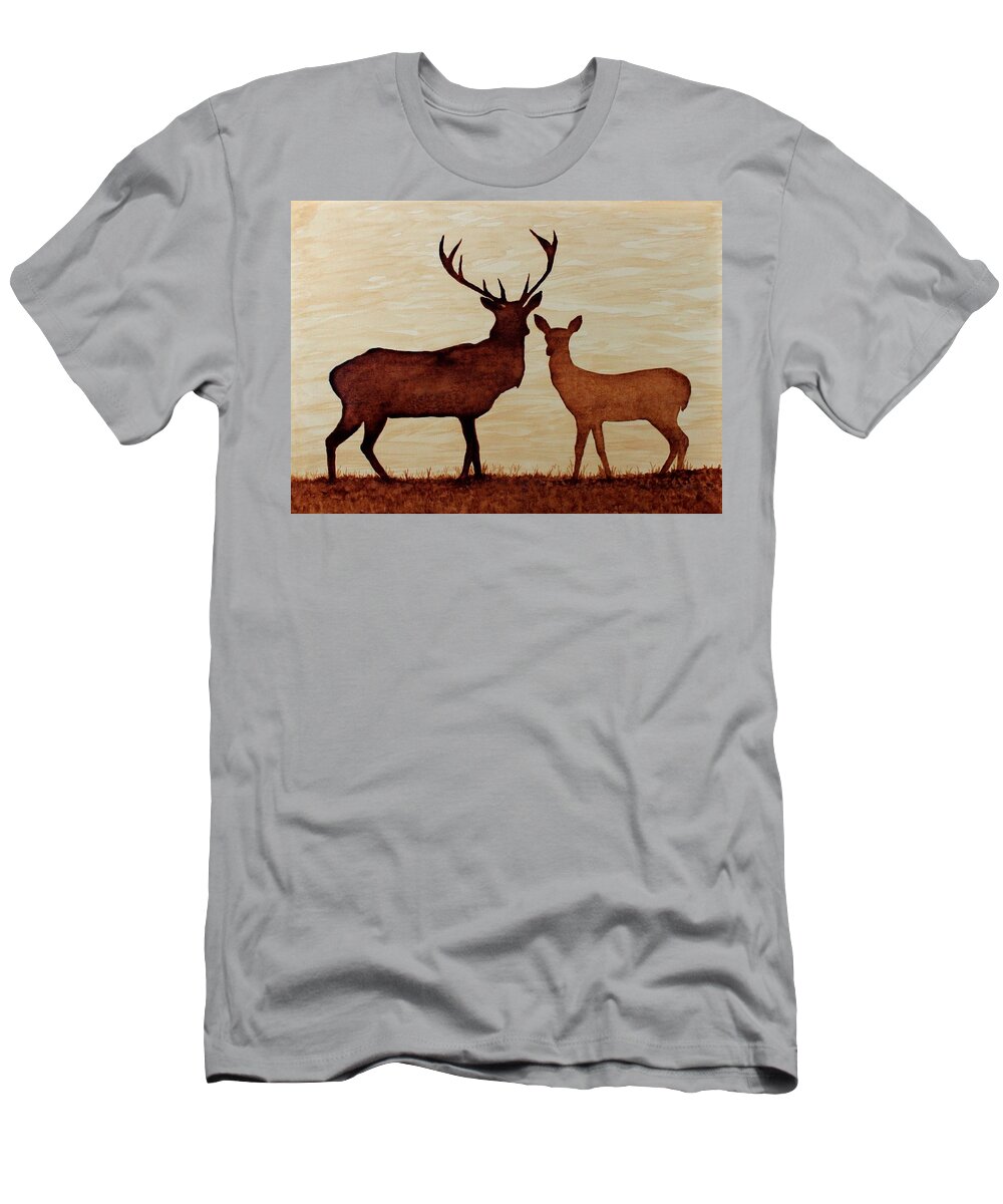 Deers Original Coffee Art On Paper T-Shirt featuring the painting Coffee painting Deer Love by Georgeta Blanaru