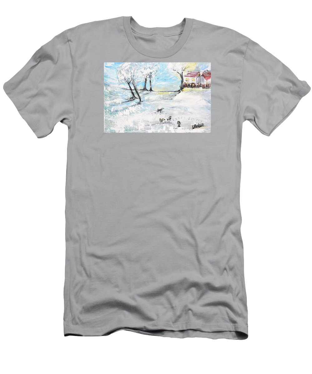 Snowy T-Shirt featuring the painting Cold Evening by Evelina Popilian