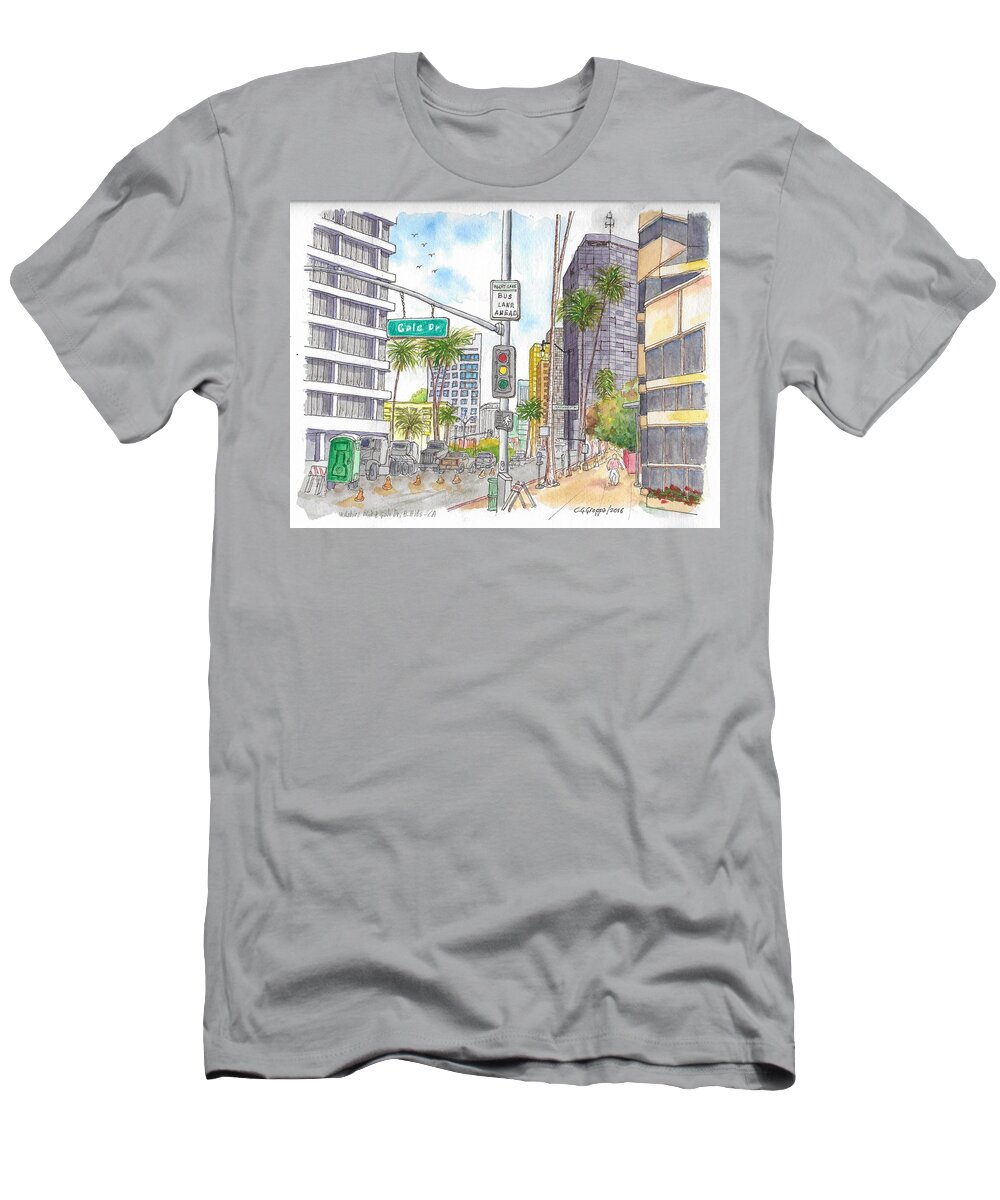 Corner T-Shirt featuring the painting Corner Wilshire Blvd. and Gale Dr., Beverly Hills, CA by Carlos G Groppa