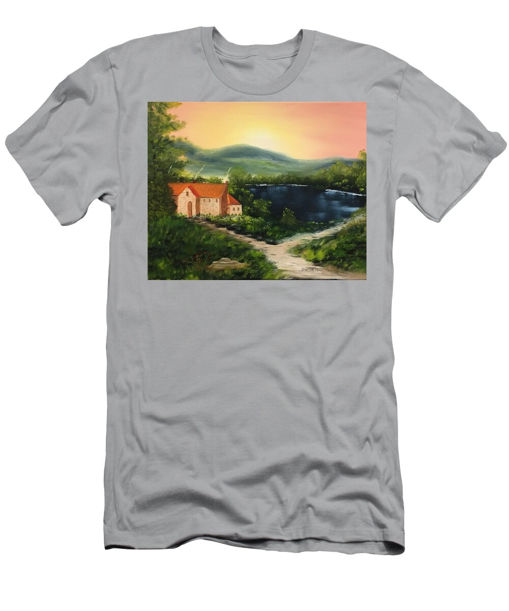 Landscape T-Shirt featuring the painting Cottage by Lake by David Bartsch