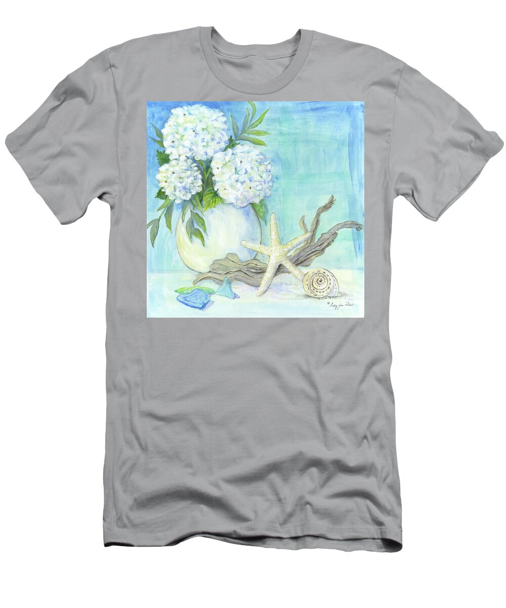 White Hydrangeas T-Shirt featuring the painting Cottage at the Shore 1 White Hydrangea Bouquet w Driftwood Starfish Sea Glass and Seashell by Audrey Jeanne Roberts