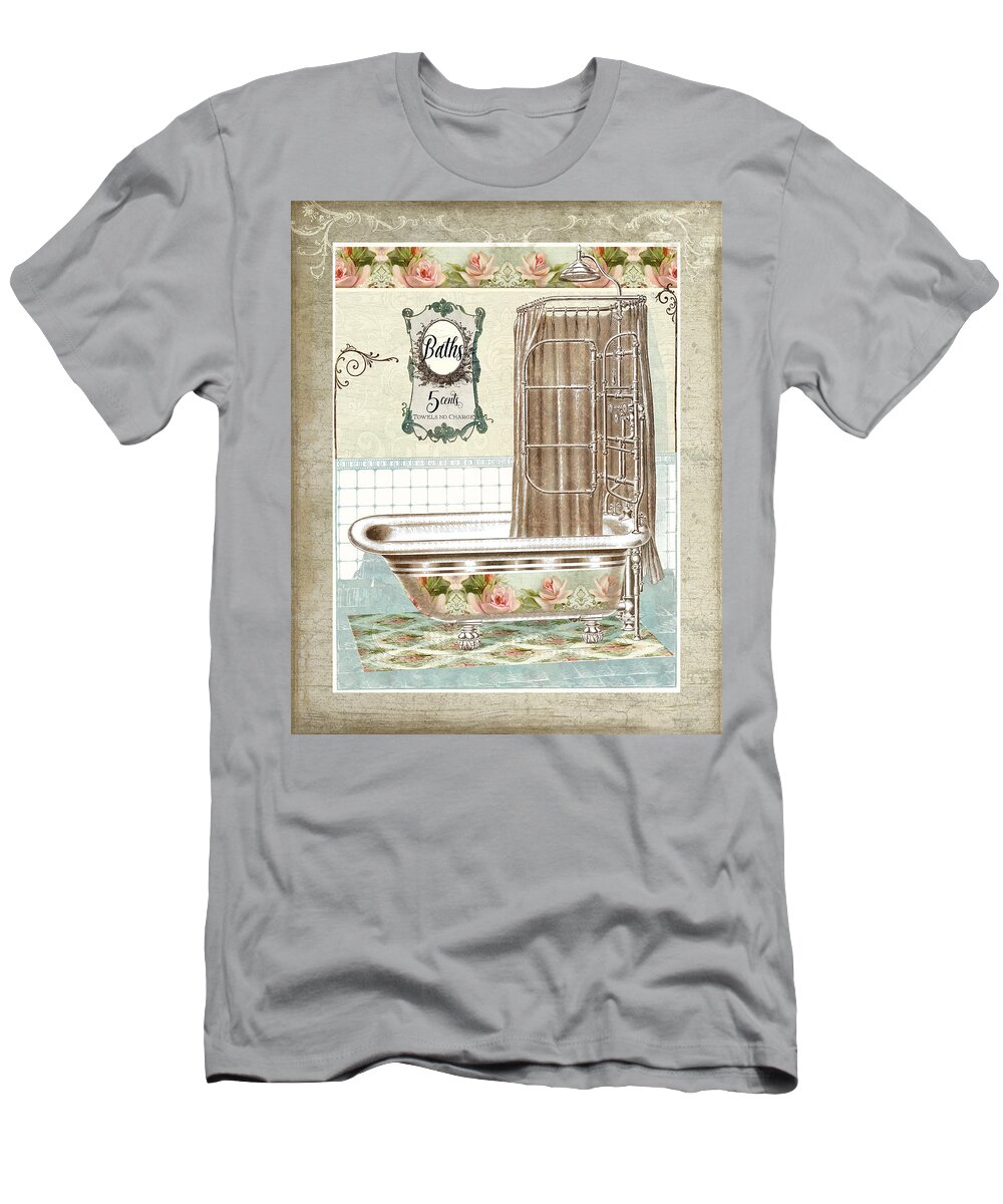 Vintage T-Shirt featuring the painting Cottage Roses - Victorian Claw Foot Tub Bathroom Art by Audrey Jeanne Roberts