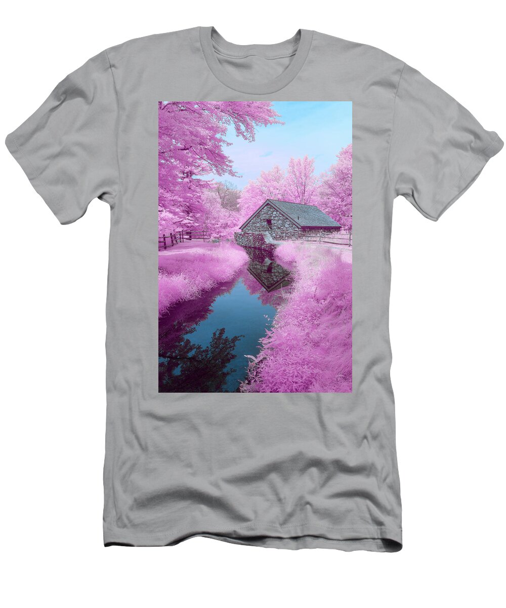 Wayside Inn Sudbury Grist Mill Architecture Building River Stream Brook Water Reflection Outside Outdoors Nature Ir Infrared Infra Red 590 590nm Brick Newengland New England U.s.a. Usa Ma Mass Massachusetts Historic Old Brian Hale Brianhalephoto T-Shirt featuring the photograph Cotton Candy River by Brian Hale