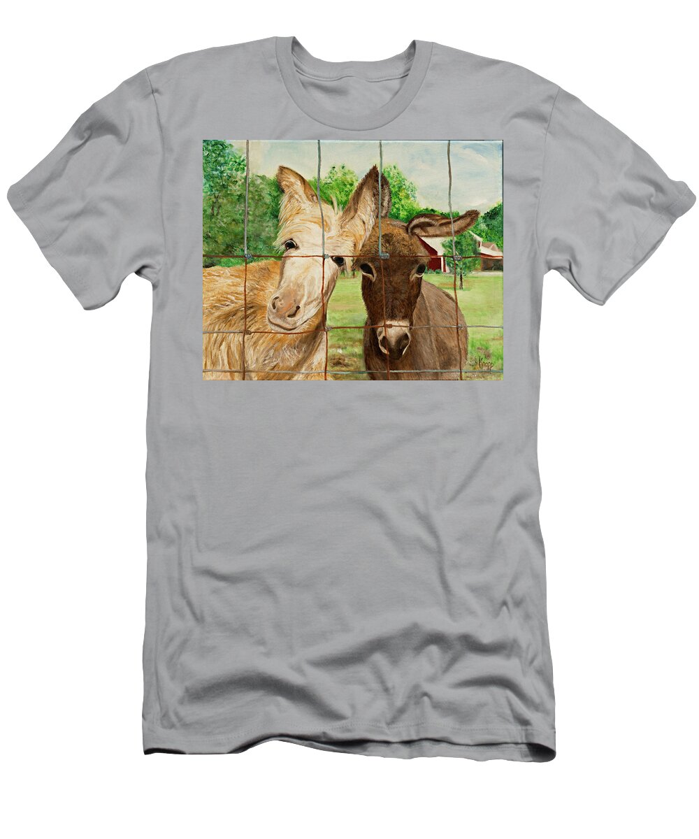 Pair Of Donkeys T-Shirt featuring the painting Country Companions by Kathy Knopp