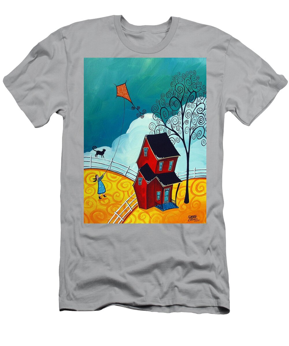 Art T-Shirt featuring the painting Country Girl - whimsical landscape cat by Debbie Criswell