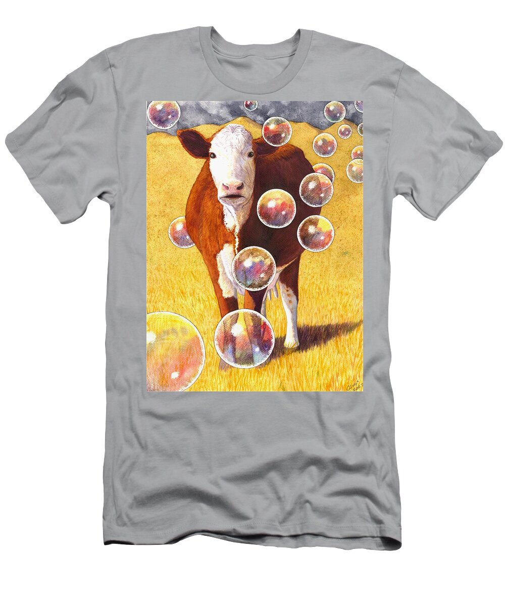 Cow T-Shirt featuring the painting Cow Bubbles by Catherine G McElroy