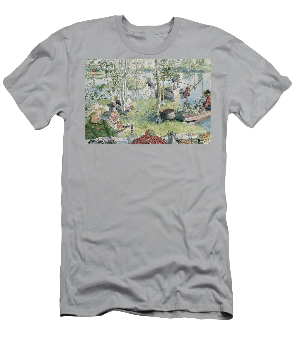 Crayfishing T-Shirt featuring the painting Crayfishing by Carl Larsson