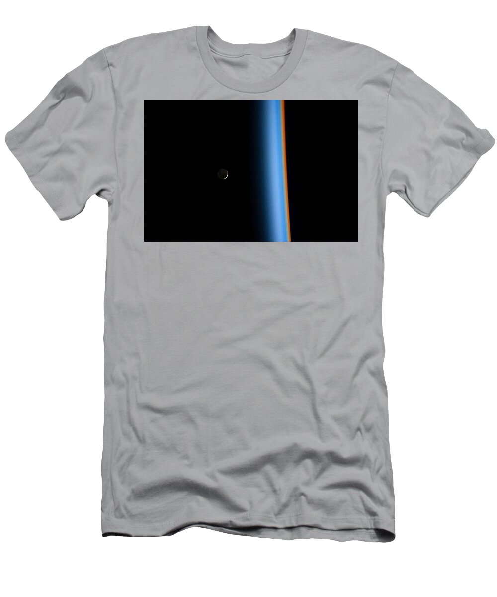 Globe T-Shirt featuring the painting Crescent Moon Rising and Earth's Atmosphere by nasa by Celestial Images