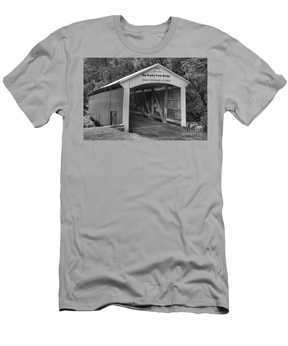 Big Rocky Fork Covered Bridge T-Shirt featuring the photograph Crossing Big Rocky Fork Creek Black And White by Adam Jewell