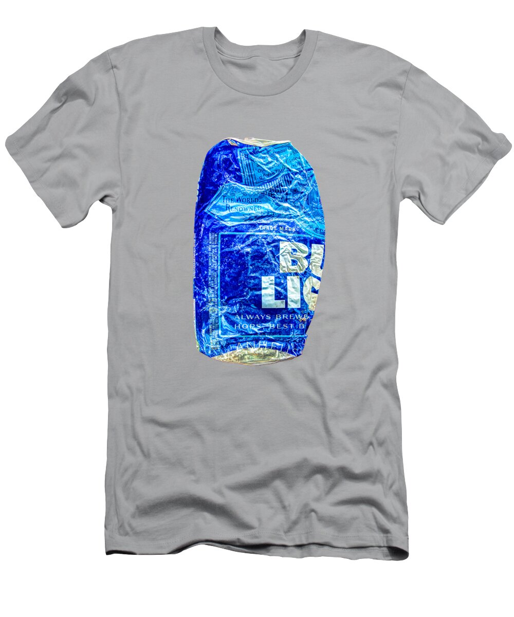 Blue T-Shirt featuring the photograph Crushed Blue Beer Can on Plywood by YoPedro