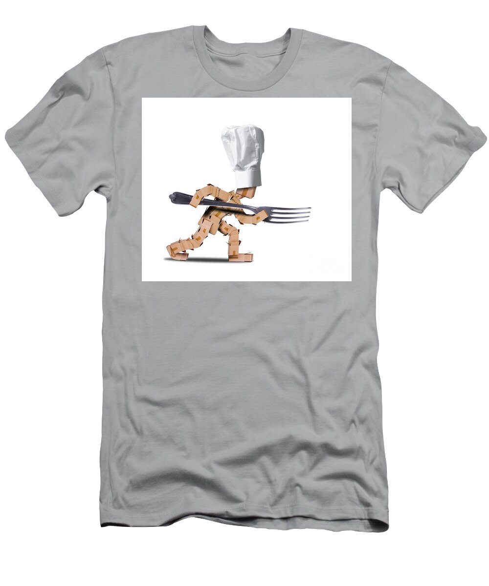 Kitchen T-Shirt featuring the digital art Cute chef box character with big fork by Simon Bratt