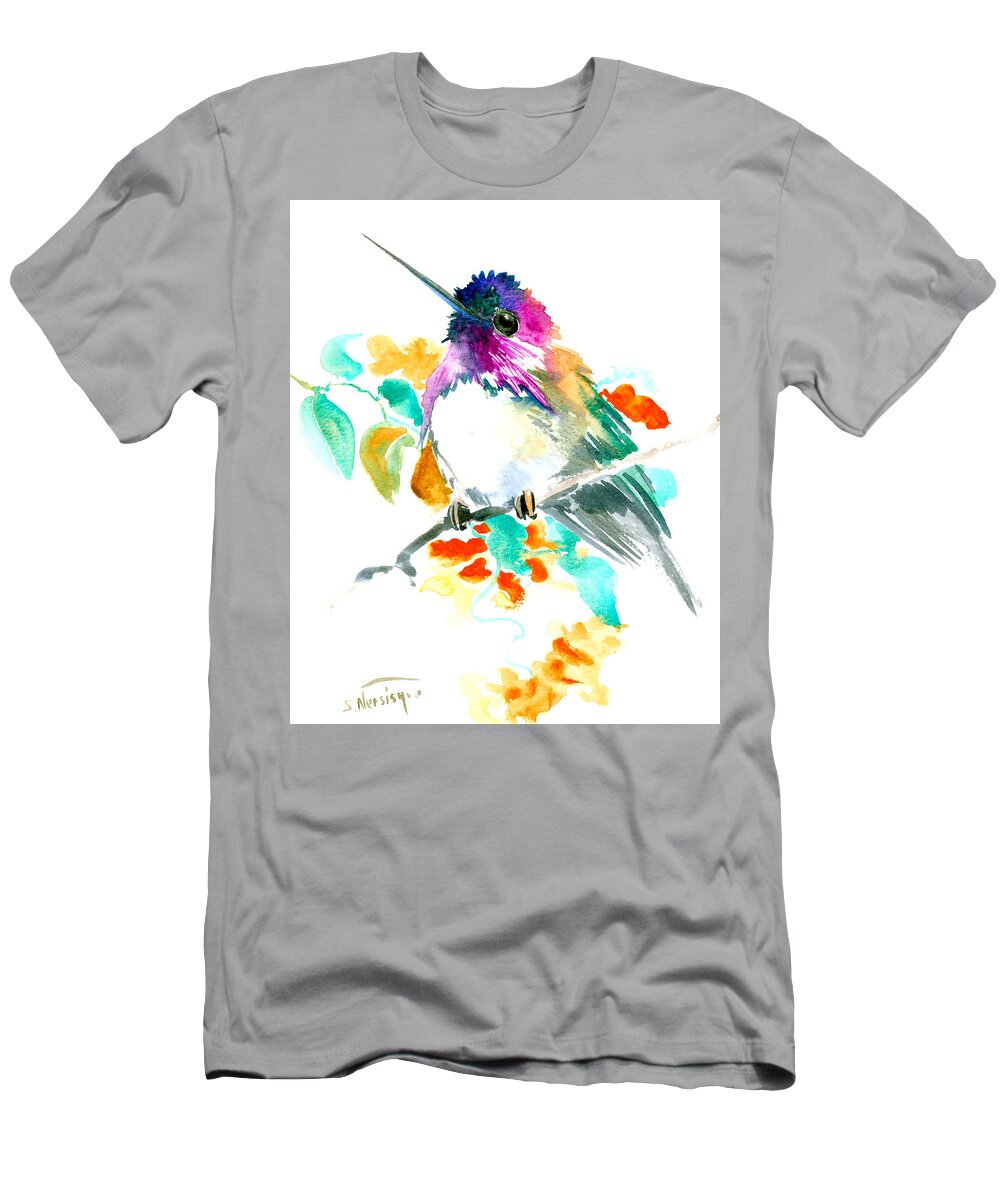 Hummingbird T-Shirt featuring the painting Cute Little Hummingbird by Suren Nersisyan