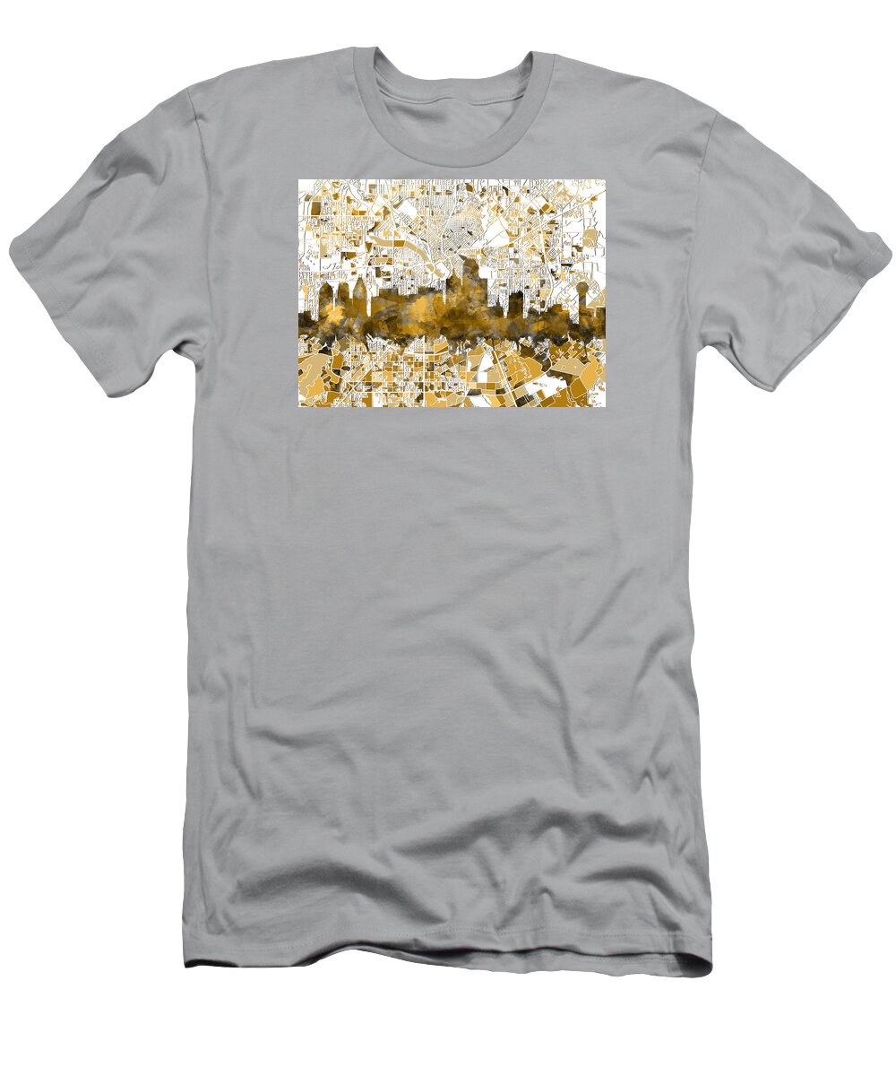 Dallas T-Shirt featuring the painting Dallas Skyline Map Sepia by Bekim M