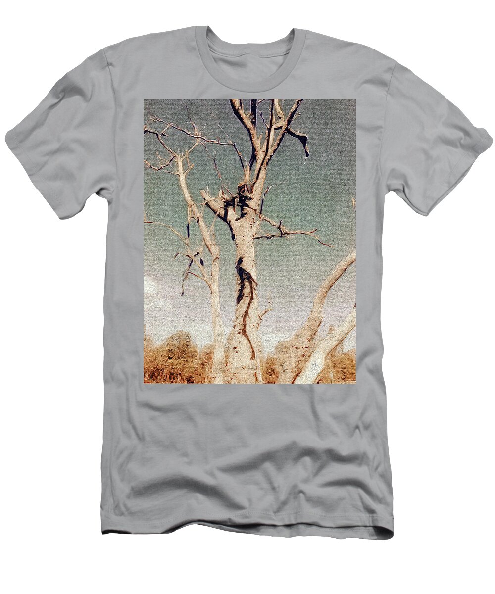 Wilpena Pound T-Shirt featuring the digital art Dead Tree, Outback. by Judith Chantler